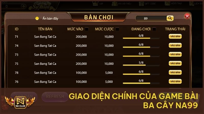 Ba Cây Na99 – Trò Chơi Bài Dân Gian Đậm Chất May Rủi 1 Giao diện chính của game bài Ba cây NA99